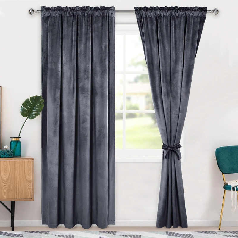 Hiasan Dark Grey Velvet Curtains 90 inch Blackout Rod Pocket Thermal Insulated Soft Curtains Room Darkening Window Drapes with Tiebacks for Bedroom Living Room, Set of 2 Panels, 52W x 90L