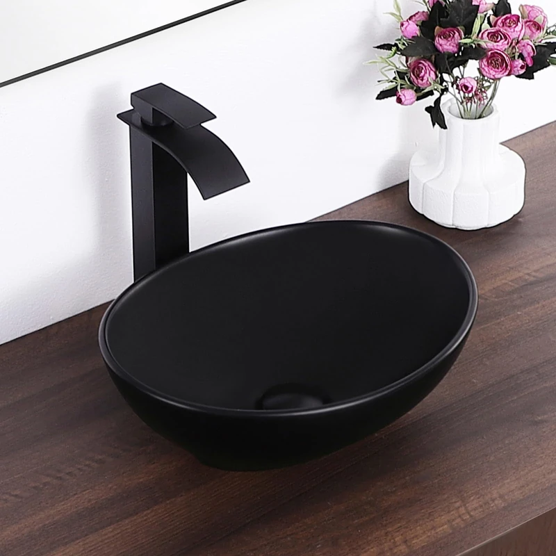 KARAMAG Oval Vessel Sink 16" x 13" Countertop Bathroom Sinks Modern Egg Shape Above Counter Matte Black Ceramic Small Sink Vessel Sinks for Bathrooms