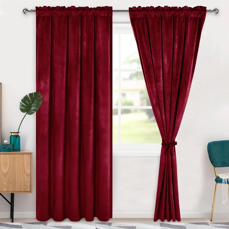 Hiasan Red Velvet Curtains 84 inches-Blackout Thermal Insulated Solid Soft Curtains for Bedroom Living Room Rod Pocket Room Darkening 2 Panels Window Drapes with Tiebacks, 60W x 84L