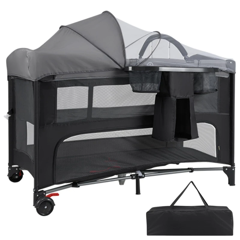 GYMAX 5 in 1 Folding Travel Cot with Canopy, Diaper Changer (Gray)