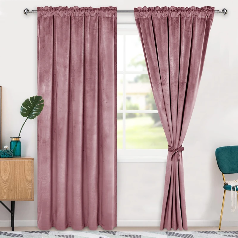 Hiasan Velvet Curtains 84 inch Blackout Rod Pocket Thermal Insulated Soft Curtains Room Darkening Window Drapes with Tiebacks for Bedroom Living Room, Set of 2 Panels, 60W x 84L, Wild Rose