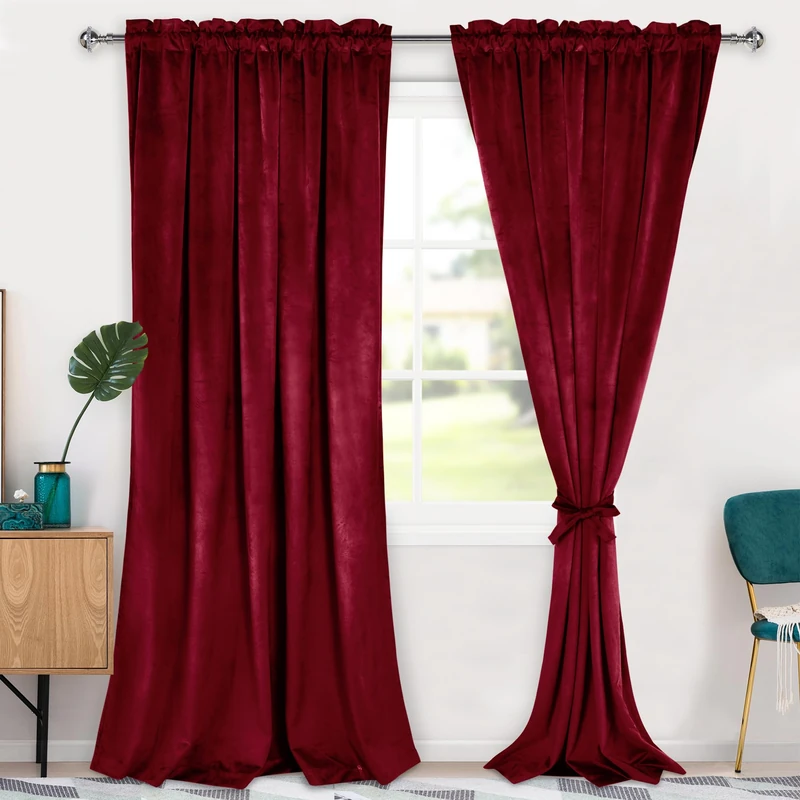 Hiasan Red Velvet Curtains 96 inches-Blackout Thermal Insulated Solid Soft Curtains for Bedroom Living Room Rod Pocket Room Darkening 2 Panels Window Drapes with Tiebacks, 60W x 96L