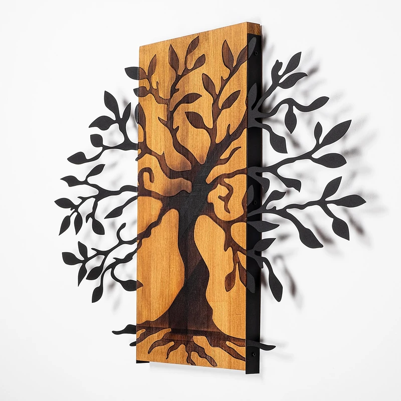 Elegant Decorative Wooden Wall Accessory, 58 x 80 cm, Walnut & Black, 50% Wood (3 cm) & Metal (1.5 mm), Unique Texture & Colour Variations