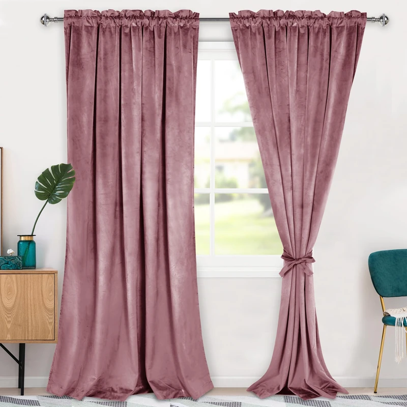 Hiasan Velvet Curtains 96 inch Blackout Rod Pocket Thermal Insulated Soft Curtains Room Darkening Window Drapes with Tiebacks for Bedroom Living Room, Set of 2 Panels, 60W x 96L, Wild Rose