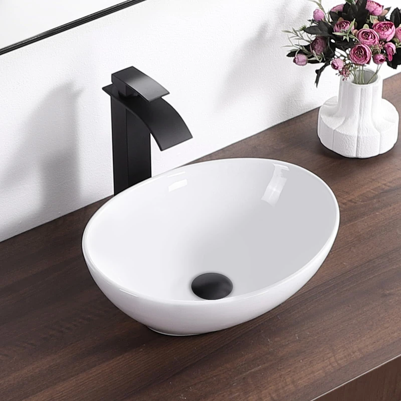 KARAMAG Oval Vessel Sink 16" x 13" Countertop Bathroom Sinks Modern Egg Shape Above Counter White Ceramic Small Sink Vessel Sinks for Bathrooms