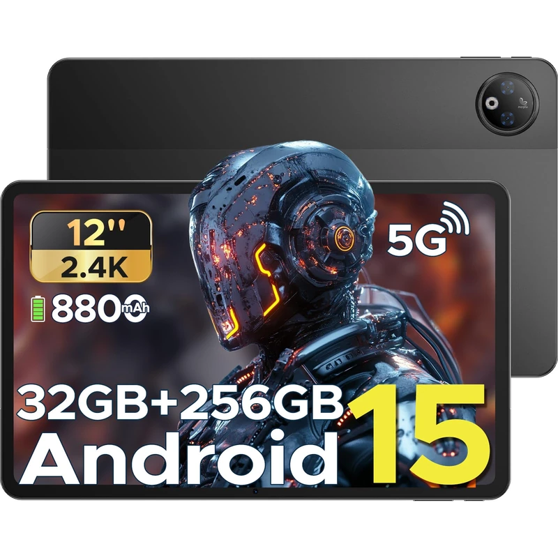 V Pad 5G Tablets 12 inch Android, Dimensity 7050 Android 15 Tablets with SIM Card Slot, 2K Display+90Hz, 8800mAh 32GB+256GB Gaming Tablet, WiFi6, Tablet with Keyboard, Pen, Mouse, Case-Black