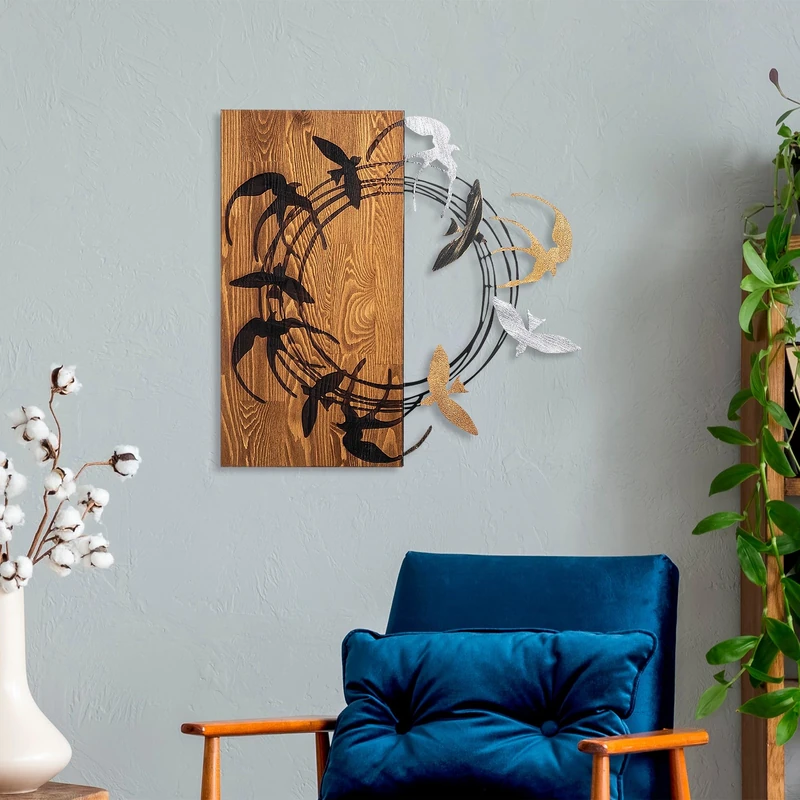 Elegant Decorative Wooden Wall Accessory, 58 x 58 cm, 100% Wooden (3 cm) & Metal (1.5 mm), Stylish Walnut & Black Design, Easy Wall Mounting - Image 1