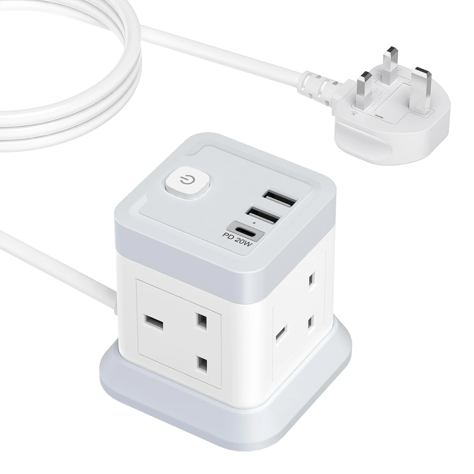 20W Extension Lead with 3 USB Slots, BEVA 4 Way（3250W）Desktop Power Extension, USB C Fast Charging Power Strip with Multi Socket, 1.5M Extension Cable for Home Office Desk Dorm Travel White