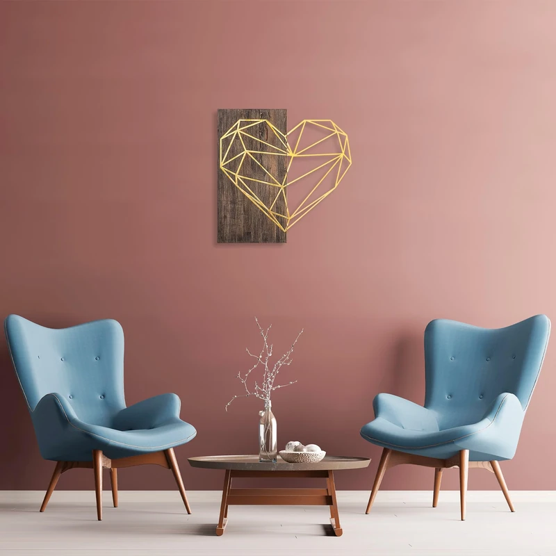 Elegant Decorative Wooden Wall Accessory, 58 x 58 cm, Walnut & Gold, 50% Wood (3 cm) & 50% Metal (1.5 mm), Wall Mountable, Unique Design