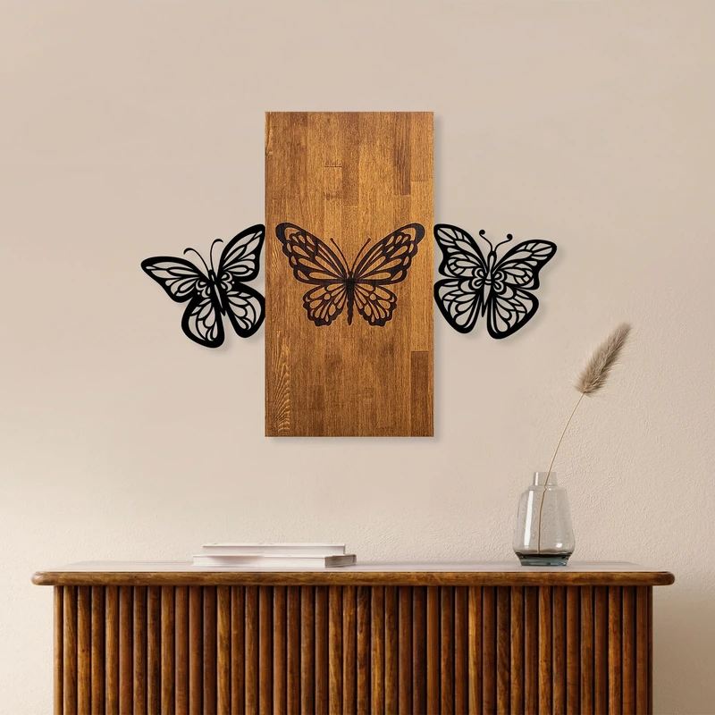 Elegant Decorative Wooden Wall Accessory, 74 x 58 cm, 100% Wood (3 cm) & Metal (1.5 mm), Stylish Walnut & Black Design, Easy Wall Mounting - Image 1