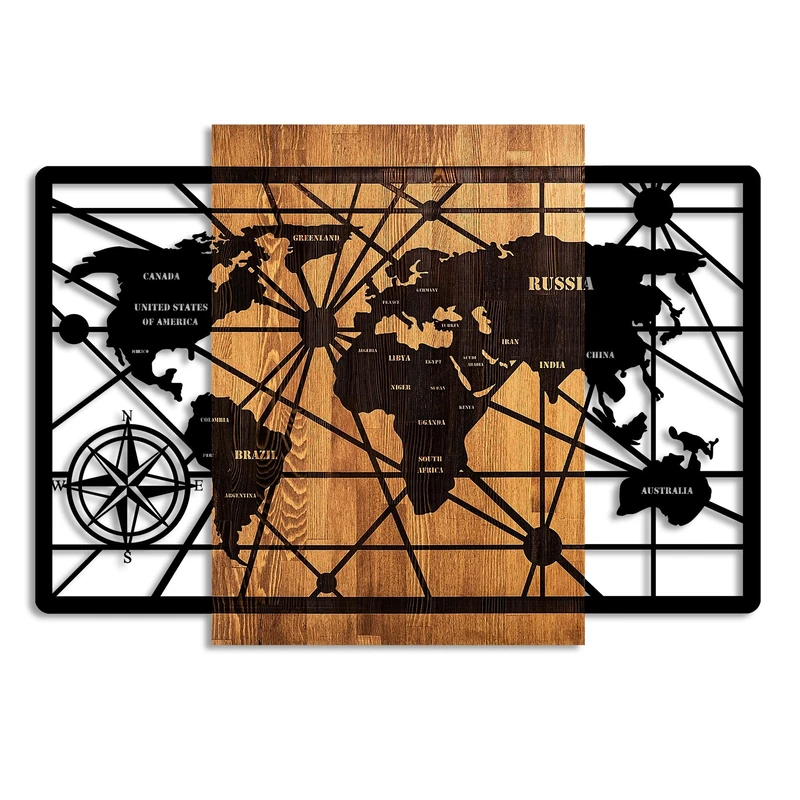 Elegant Decorative Wooden Wall Accessory, 70 x 96 cm, 100% Real Wood (3 cm) & Metal (1.5 mm), Unique Walnut & Black Finish, Perfect for Home Decor
