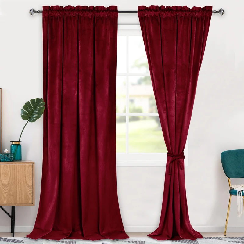 Hiasan Red Velvet Curtains 120 inches-Blackout Thermal Insulated Solid Soft Curtains for Bedroom Living Room Rod Pocket Room Darkening 2 Panels Window Drapes with Tiebacks, 52W x 120L