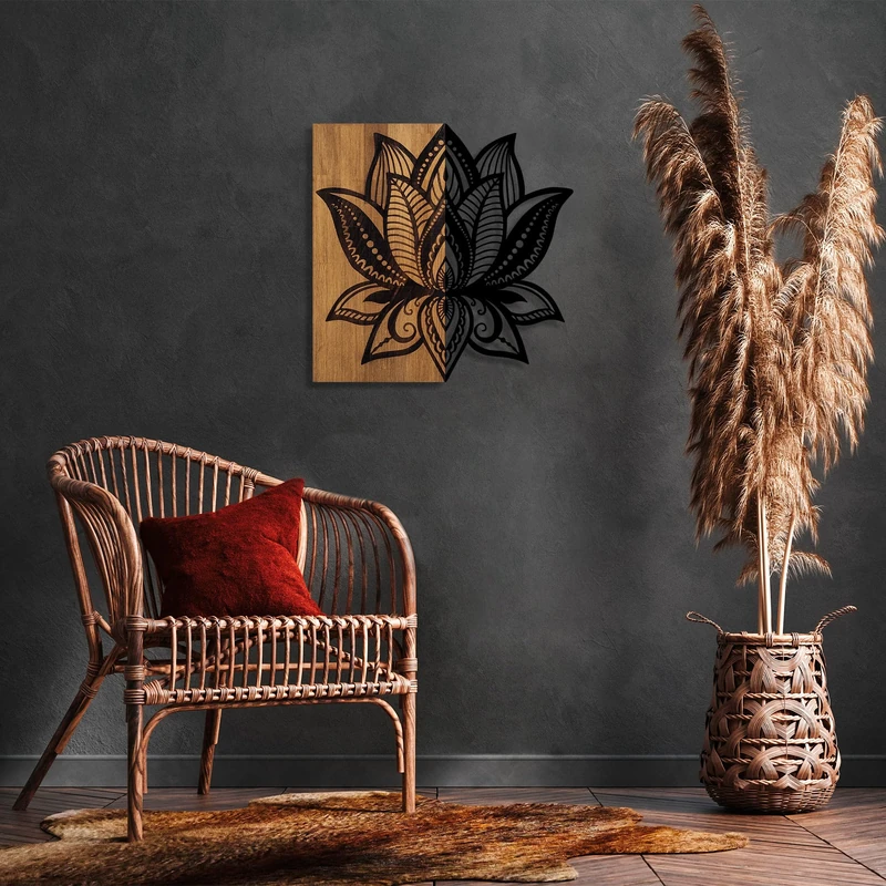 Elegant Decorative Wooden Wall Accessory, 58 x 59 cm, 50% Wood (3 cm Thick) & 50% Metal, Unique Walnut & Black Finish, Perfect for Modern Decor