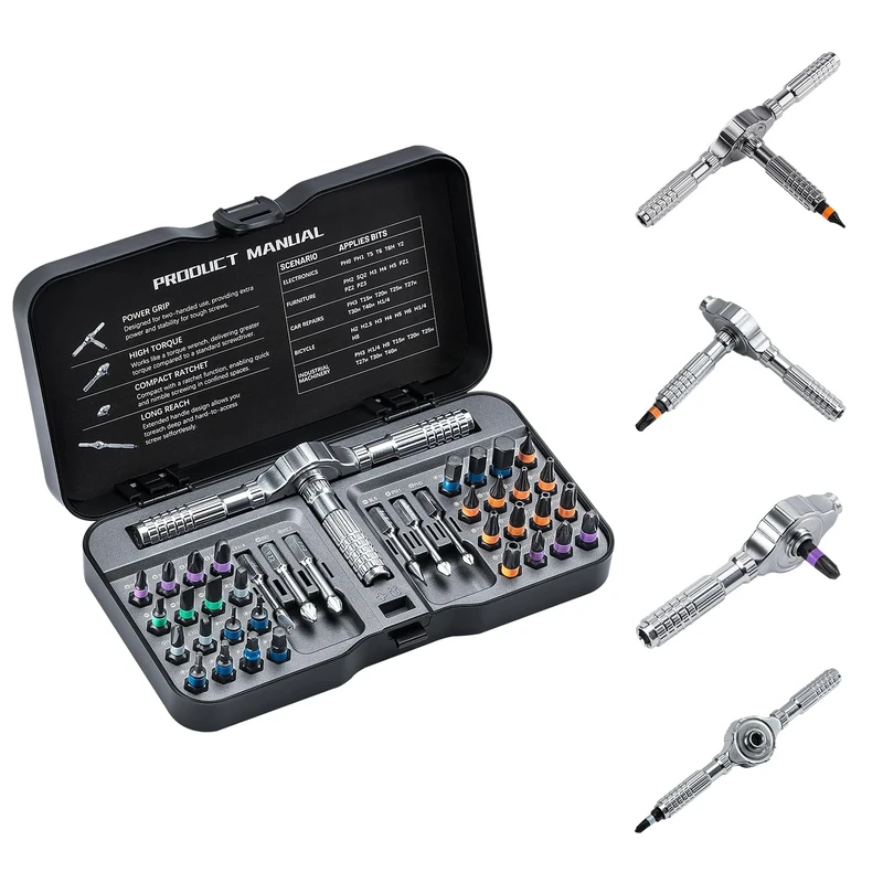 VMAN Ratchet Screwdriver Set, 40 in 1 Magnetic Screwdriver Sets, S2 Steel Bits, DIY Combination Flexible Shaft, Suitable for Furniture Assembly, Precision Electrical Appliance Repair, Bicycle Tools