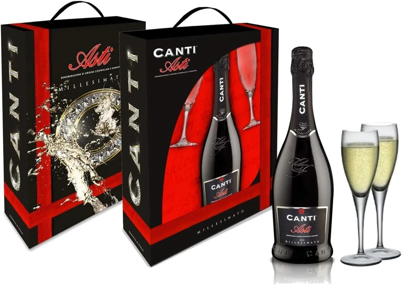 Canti - ASTI D.O.C.G. Millesimato, Spumante White Sparkling Wine, Moscato d'Asti 7%, Gift Pack with Two Glasses, Italian Grape Variety from Piemonte, Fruity and Aromatic Taste, 1x750 ml (Pack of 6)