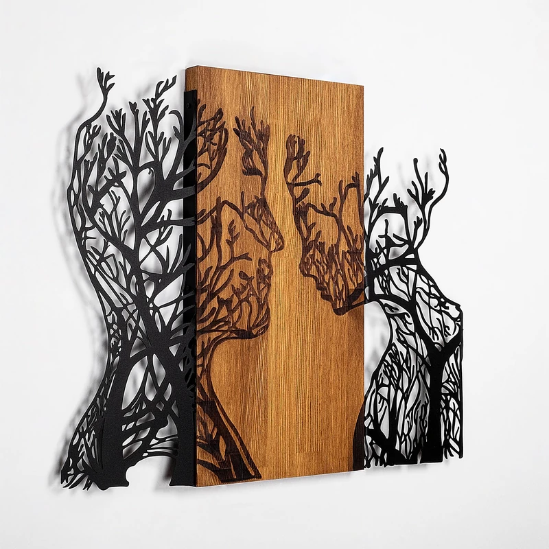 Elegant Decorative Wooden Wall Accessory, 58 x 70 cm, 50% Wood (3 cm Thick) & 50% Metal, Unique Walnut & Black Finish, Perfect for Modern Decor