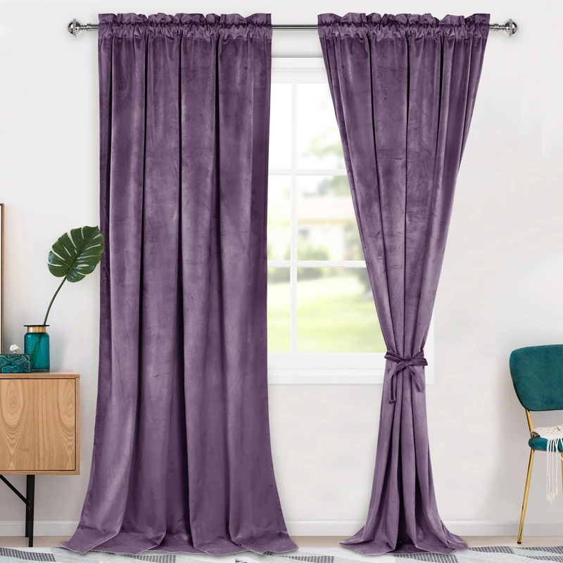Hiasan Velvet Curtains 120 inch Blackout Rod Pocket Thermal Insulated Soft Curtains Room Darkening Window Drapes with Tiebacks for Bedroom Living Room, Set of 2 Panels, 52W x 120L, Lavender