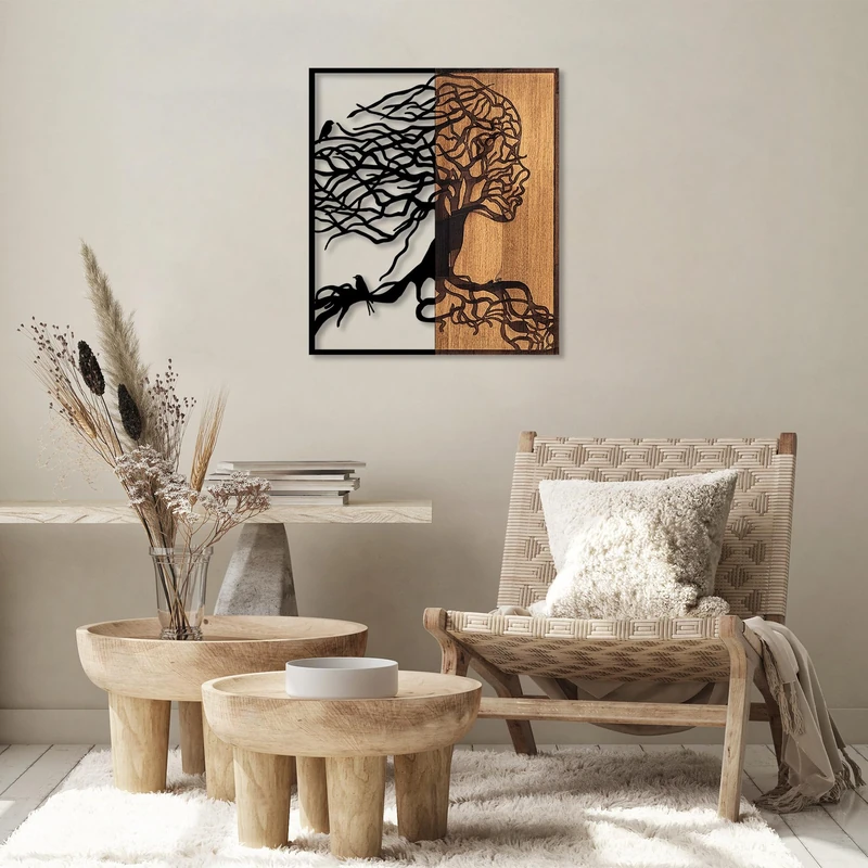Decorative Wooden Wall Accessory, Black & Walnut, 50 x 3 x 58 cm, 50% Wood (3 cm) & 50% Metal (1.5 mm), Unique Design, Perfect for Home Decor - Image 1