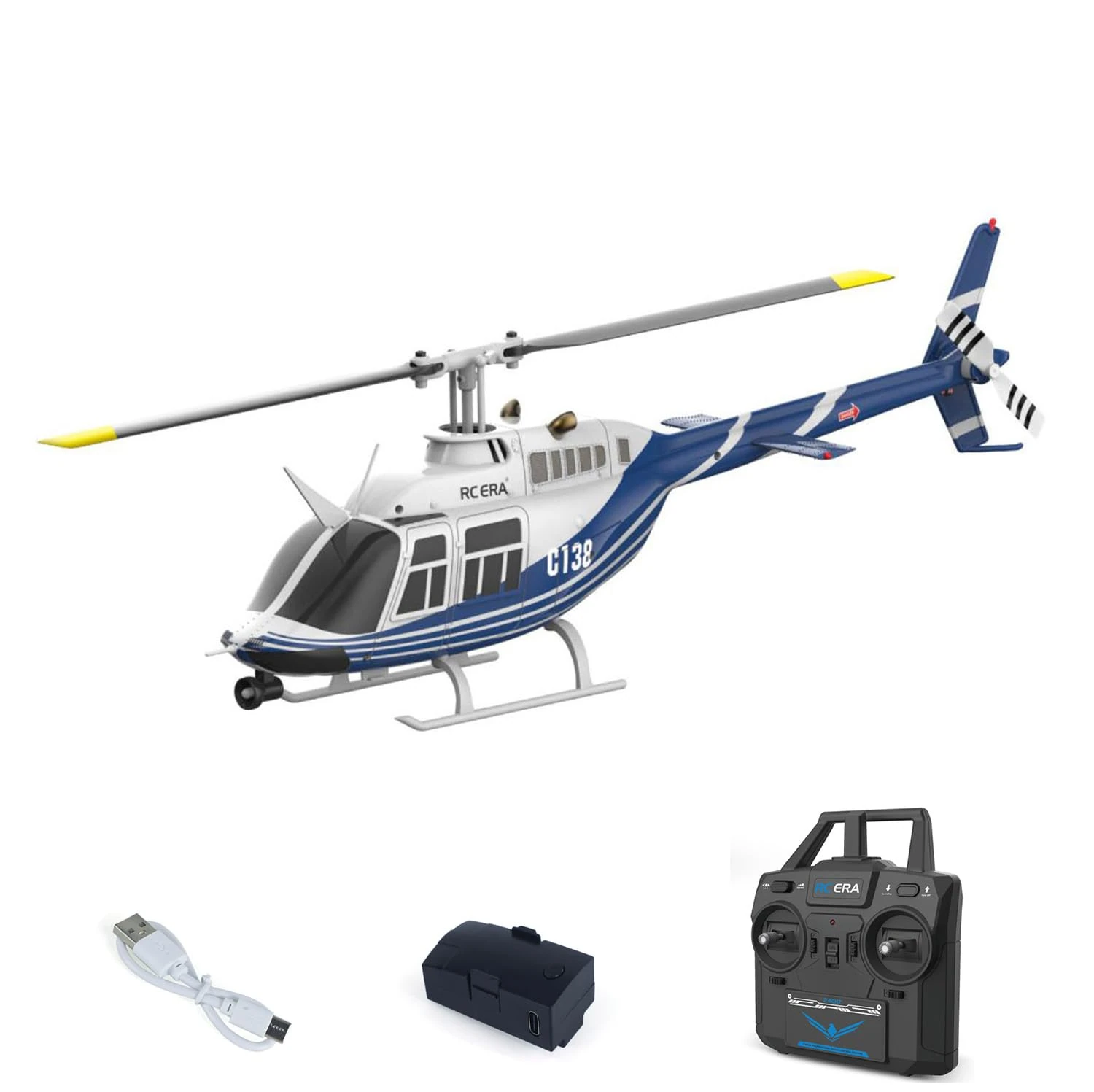 wheelfun 1/33 C138 Rc Simulation Helicopter Model Bell206 6Ch Radio Control Stunt Airplane 6 Axis Gyroscop Battery Adults Gifts Toy(Blue and White)