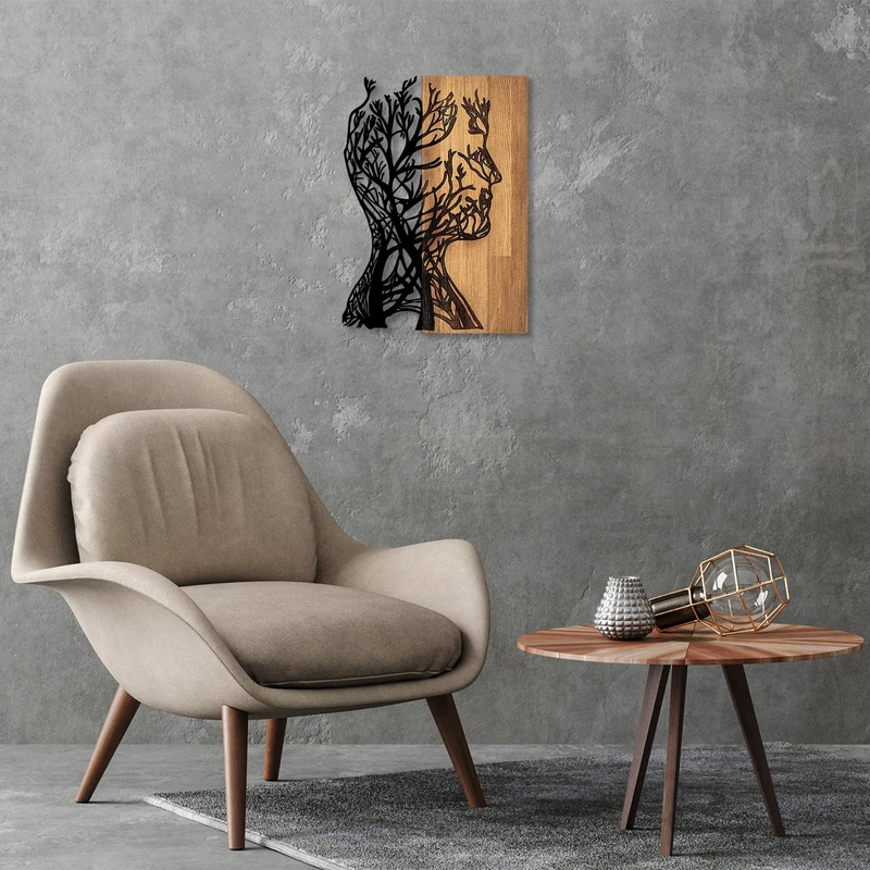 Decorative Wooden Wall Accessory, Black & Walnut, 43 x 3 x 58 cm, 50% Wood (3 cm) & 50% Metal (1.5 mm), Unique Design, Perfect for Home Decor