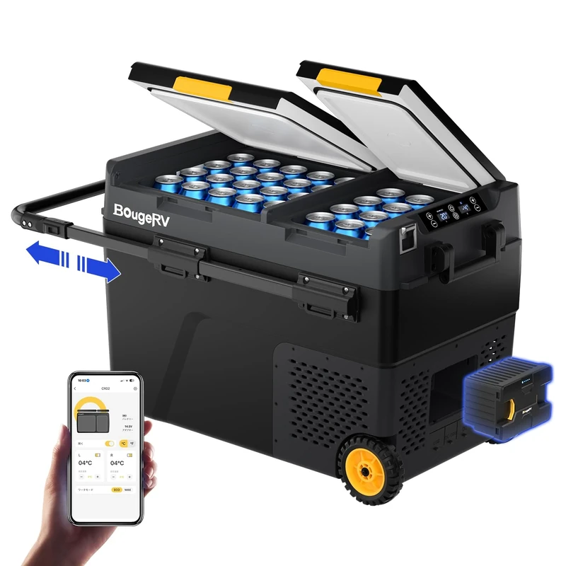 BougeRV CRD2 49L 12/24V Car Fridge Dual Zone and 173Wh Portable Power Station 12V Compressor Fridge Freezer with Wheels APP Control for Camping Trip Picnic Outdoor Travel Campervan RV Boat