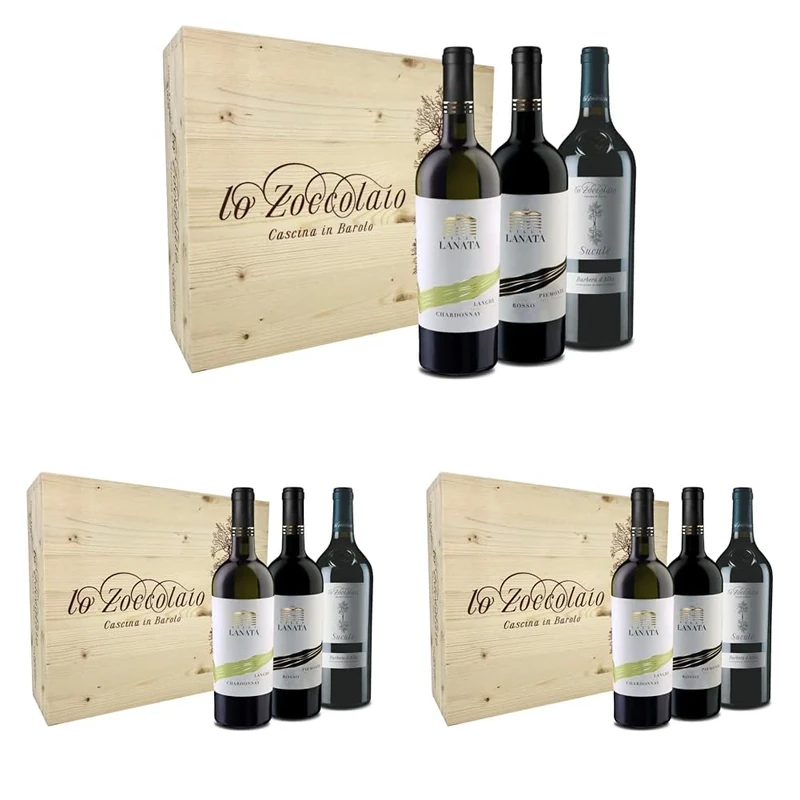 Villa Lanata Lo Zoccolaio Langhe Chardonnay + Piemonte Rosso + Barbera d'Alba Mixed Dry Wine in Wood Case - Luxury Wine - Gifts for Women - Mum- 3 x 750 ml (Pack of 3)