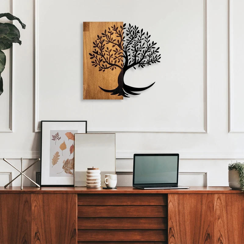 Elegant Decorative Wooden Wall Accessory, 58 x 58 cm, 100% Wood & Metal, Walnut & Black, Unique Design, Perfect for Home Decor, 3.66 kg