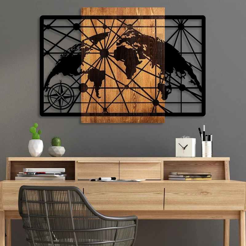 Elegant Decorative Wooden Wall Accessory, 70 x 99 cm, 100% Real Wood (3 cm) & Metal (1.5 mm), Unique Walnut & Black Finish, Perfect for Home Decor