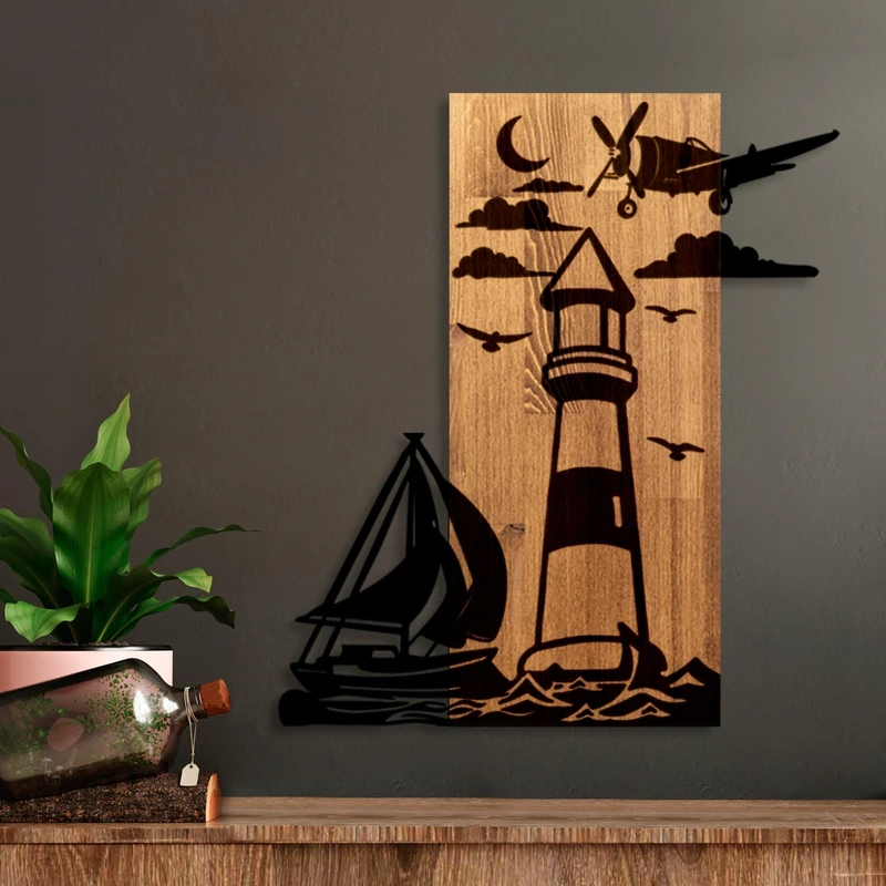 Elegant Decorative Wooden Wall Accessory, Walnut & Black, 52 x 58 x 3 cm, 50% Wood (3 cm) & 50% Metal (1.5 cm), Unique Design for Modern Spaces