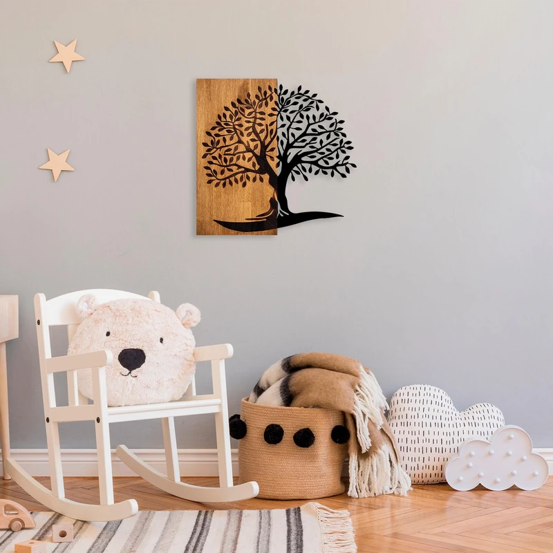 Elegant Decorative Wooden Wall Accessory, 58 x 58 cm, 100% Wood & Metal, Walnut & Black, Unique Design, Perfect for Home Decor & Modern Spaces