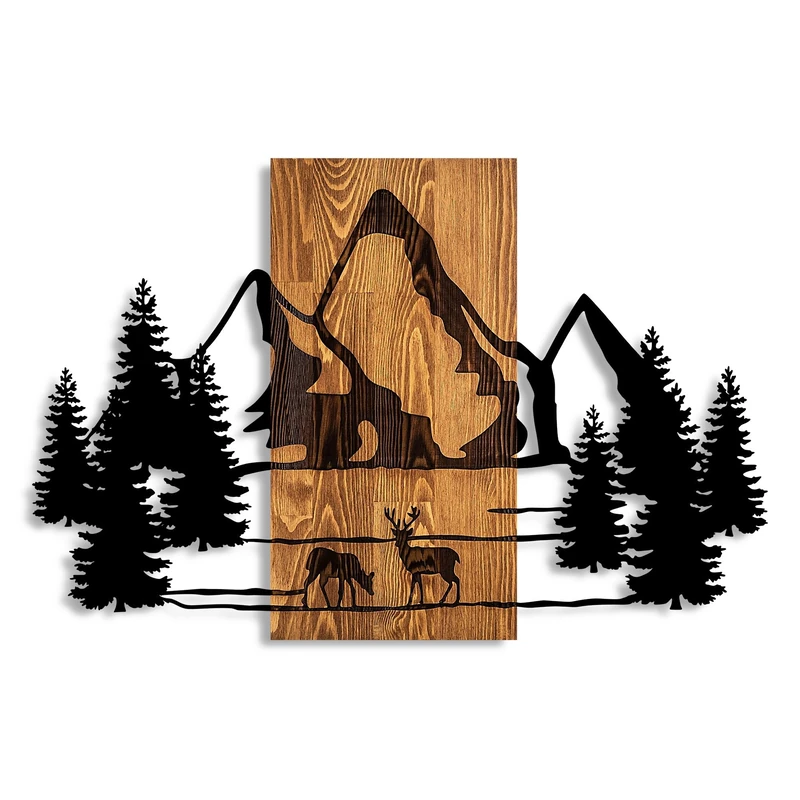 Elegant Decorative Wooden Wall Accessory, 57 x 88 cm, 100% Real Wood (3 cm) & Metal (1.5 mm), Unique Walnut & Black Finish, Perfect for Home Decor