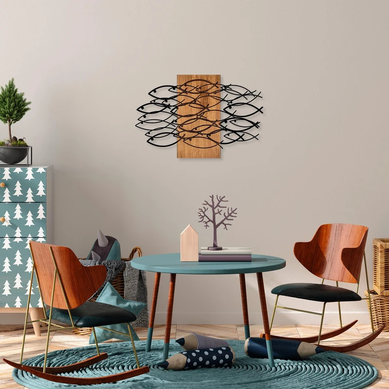 Elegant Decorative Wooden Wall Accessory, 58 x 90 cm, 50% Real Wood (3 cm) & Metal (1.5 mm), Unique Walnut & Black Finish, Perfect for Modern Decor