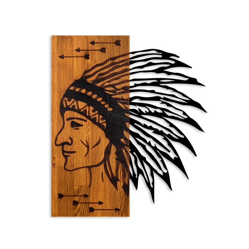 Elegant Decorative Wooden Wall Accessory, Walnut & Black, 50 x 58 x 3 cm, 100% Wood (3 cm) & Metal (1.5 mm), Unique Design for Stylish Home Decor