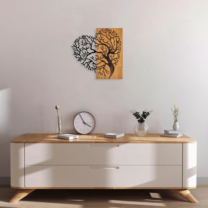 Elegant Decorative Wooden Wall Accessory, Walnut & Black, 58 x 62 cm, 50% Wood (3 cm) & Metal (1.5 mm), Unique Texture & Colour Variations - Image 1