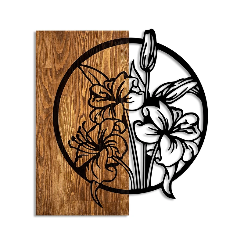 Elegant Decorative Wooden Wall Accessory, 53 x 57 cm, 100% Real Wood (3 cm) & Metal (1.5 mm), Unique Walnut & Black Finish, Perfect for Home Decor