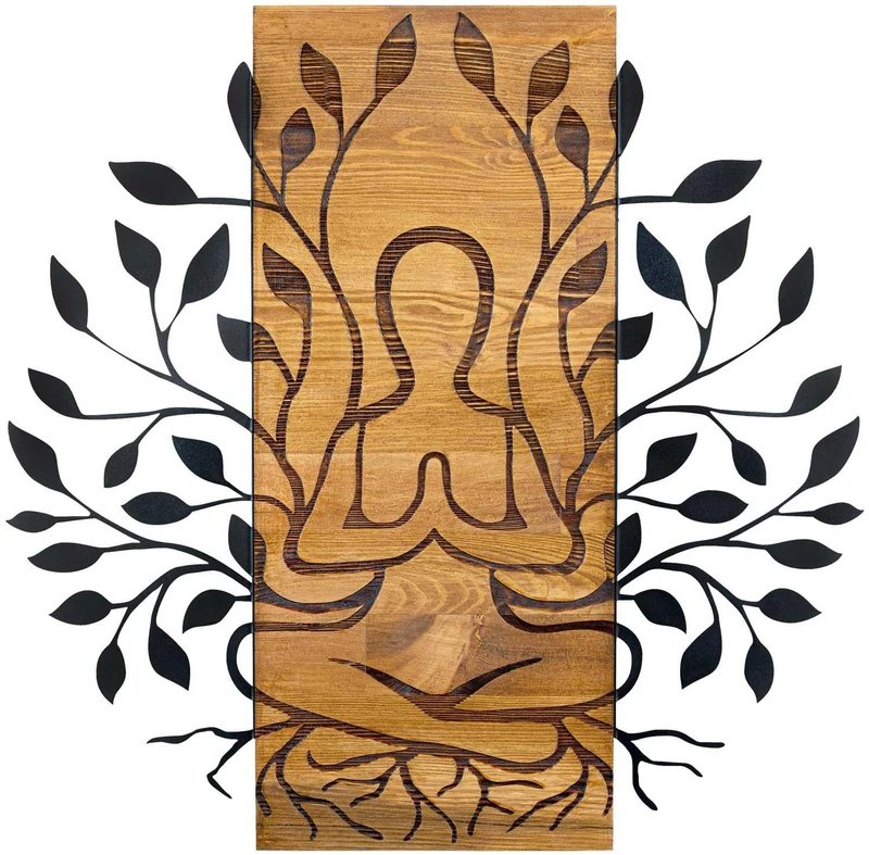 Elegant Decorative Wooden Wall Accessory, Black & Walnut, 58 x 57.5 cm, 100% Metal Frame (1.2 mm) & Solid Wood (3 cm), Perfect for Modern Decor