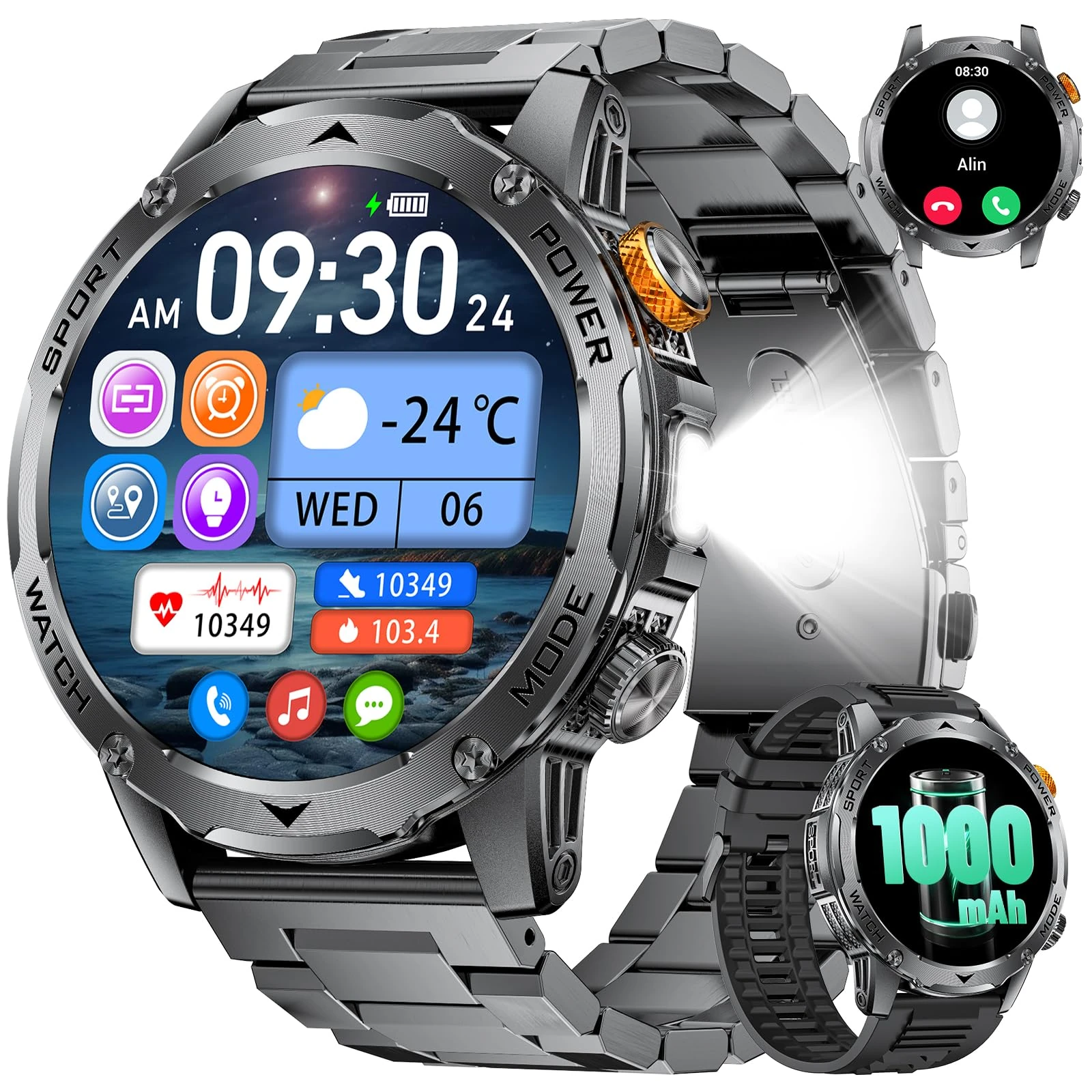 Smart Watch for Men (Bluetooth 5.2 Calls) with Flashlight, 1.75"HD Display/1000mAh Long Battery Life, Fitness Tracker with Heart Rate/Sleep Monitor/IP68/120+ Sports Modes for iOS Android,3 Bands