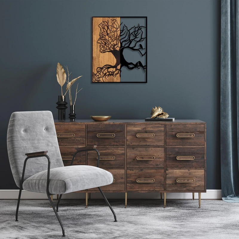 Decorative Wooden Wall Accessory, Black & Walnut, 49 x 3 x 58 cm, 50% Wood (3 cm) & 50% Metal (1.5 mm), Unique Design for Stylish Home Decor - Image 1