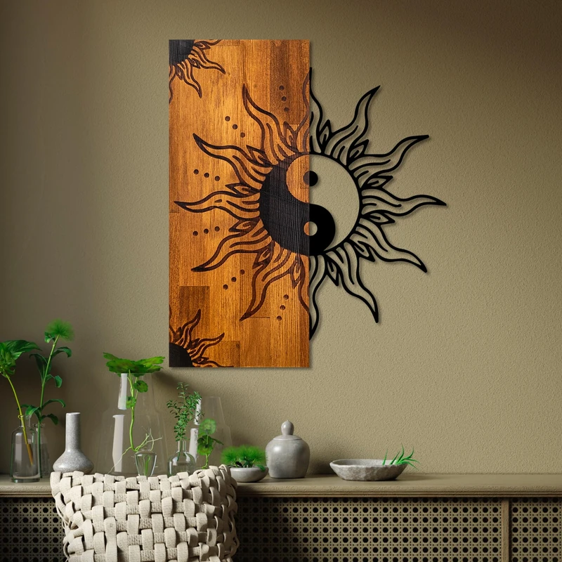 Elegant Decorative Wooden Wall Accessory, Walnut & Black, 50 x 58 x 3 cm, 100% Wood (3 cm) & Metal (1.5 mm), Unique Design for Stylish Home Decor