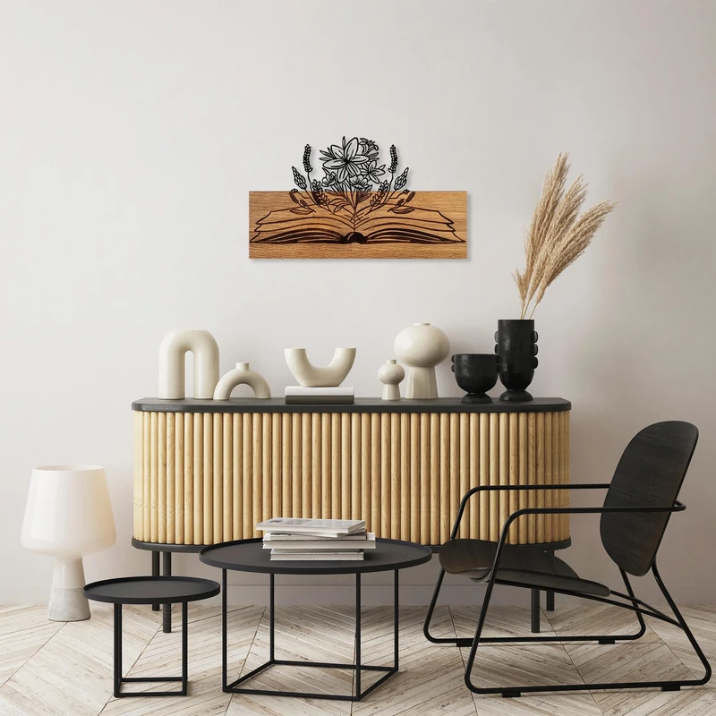 Elegant Decorative Wooden Wall Accessory, Walnut & Black, 33 x 58 cm, 50% Wood (3 cm Thick) and 50% Metal, Unique Design with Natural Variations