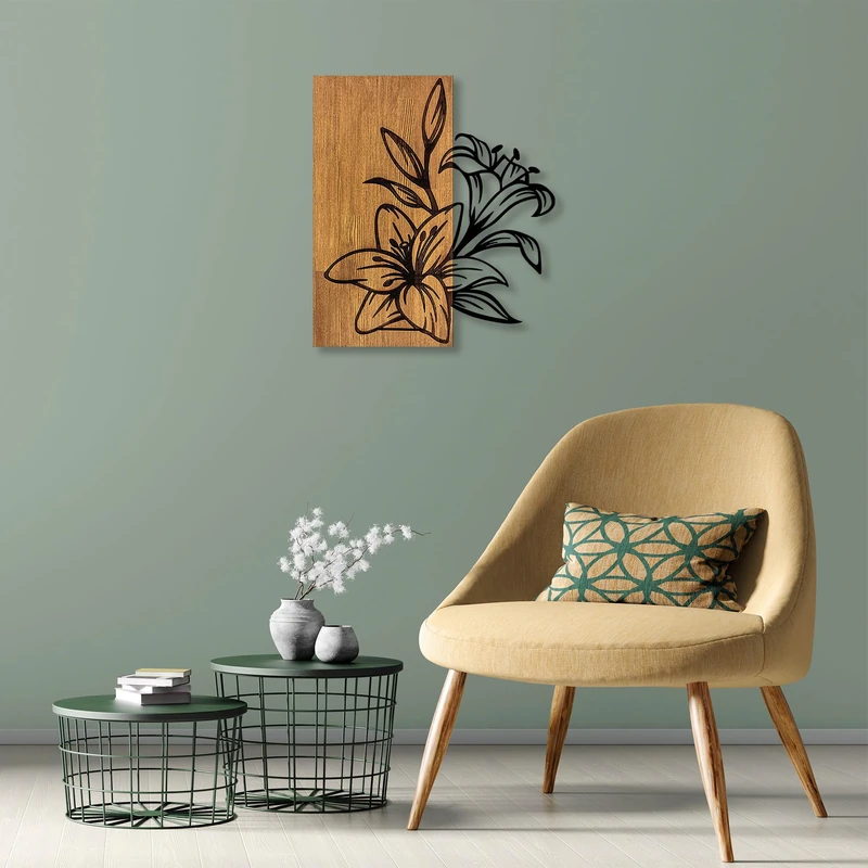 Elegant Decorative Wooden Wall Accessory, Walnut & Black, 52 x 58 cm, 50% Wood (3 cm) & Metal (1.5 mm), Unique Texture & Colour Variations