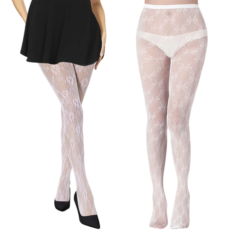 HZHSGLY 2 Pack White Lace Tights, Fishnet Fashion Patterned Tights for Women Ladies (Flower+Bow)