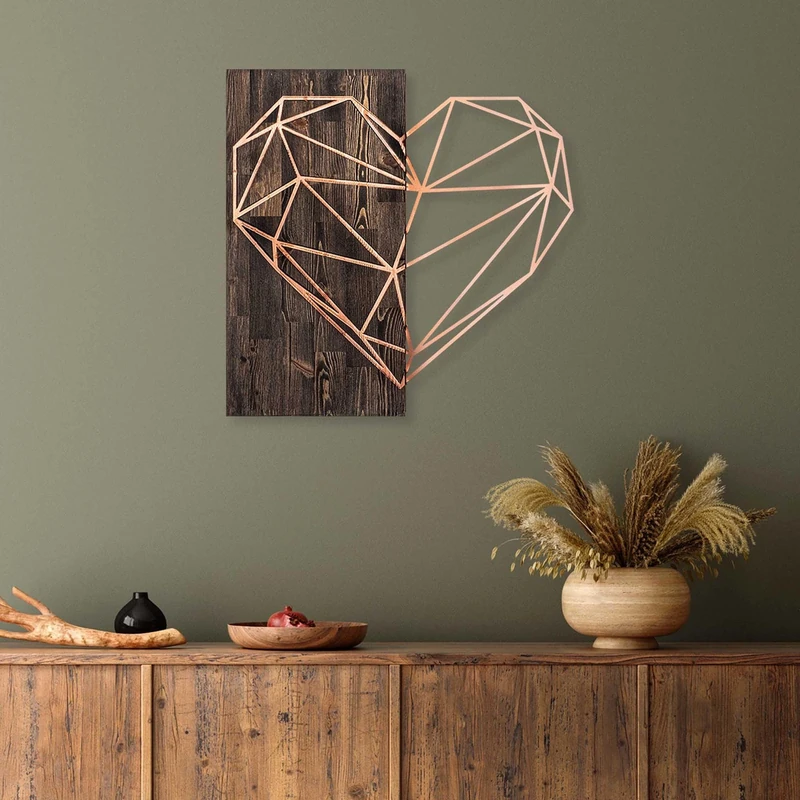 Elegant Decorative Wooden Wall Accessory, 58 x 58 cm, Walnut & Copper, 50% Wood (3 cm) & 50% Metal (1.5 mm), Wall Mountable, Unique Design