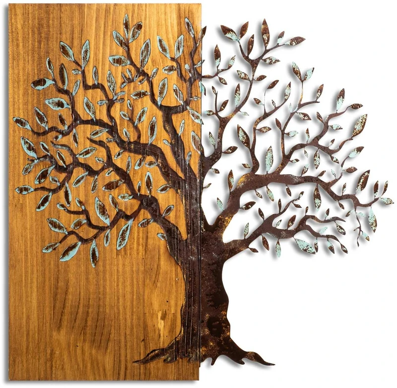 Hand-Painted Decorative Wooden Wall Accessory, 60 x 58 x 3 cm, 100% Solid Wood (3 cm) & Metal (1.5 mm), Unique Art for Home Décor, Natural Variations - Image 1