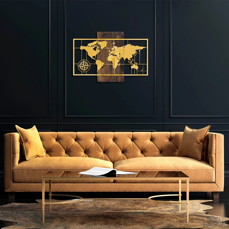 Elegant Decorative Wooden Wall Accessory, Walnut & Gold, 58 x 85 cm, 50% Wood (3 cm) & 50% Metal (1.5 mm), Wall Mountable, Unique Design - Image 1