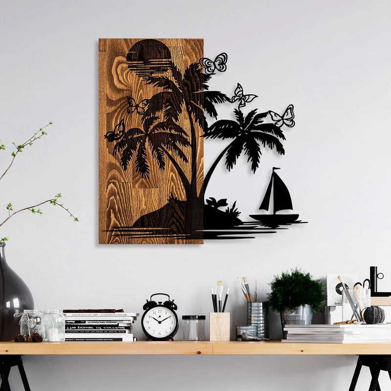 Elegant Decorative Wooden Wall Accessory, 57 x 58 cm, 100% Real Wood (3 cm) & Metal (1.5 mm), Unique Walnut & Black Finish, Perfect for Home Decor