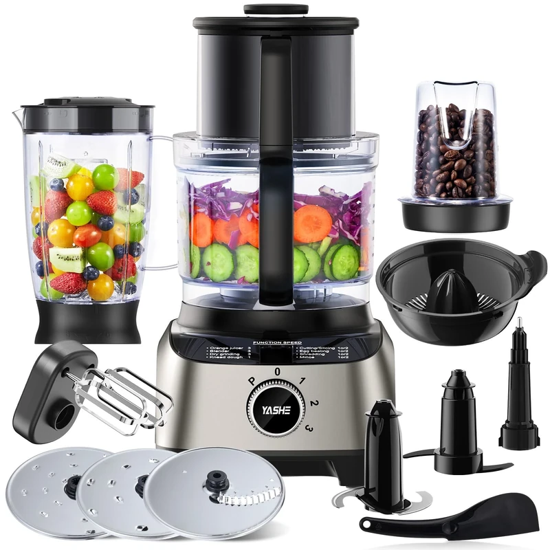YASHE 1300W Food Processor, 11-in-1 Multifunctional Kitchen Machine with 2.5L Bowl & 1.5L Blender, Mixer, Grinder, Juicer, Dough Kneader, Chopper, Slicer & Shredder for Family Use