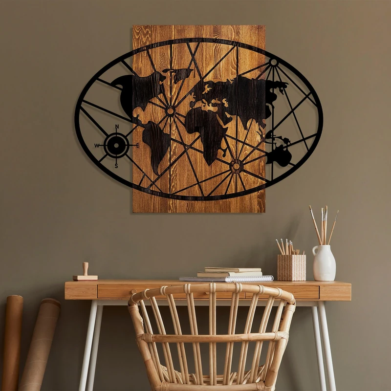 Elegant Decorative Wooden Wall Accessory, 70 x 92 cm, 100% Real Wood (3 cm) & Metal (1.5 mm), Unique Walnut & Black Finish, Perfect for Home Decor