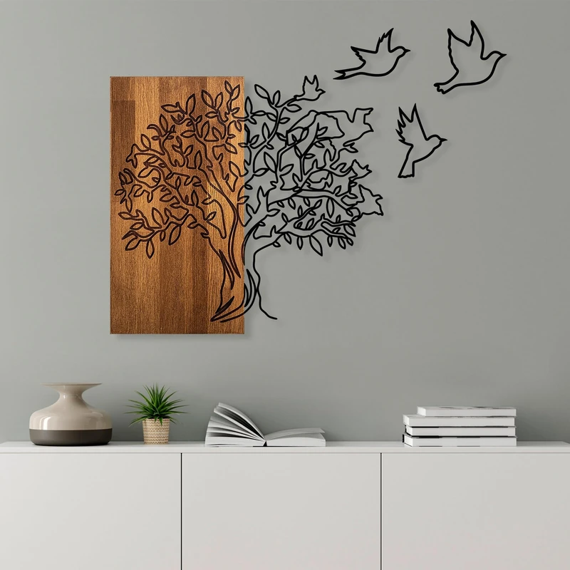 Elegant Decorative Wooden Wall Accessory, Walnut & Black, 61 x 58 cm, 100% Wooden (3 cm) & Metal (1.5 mm), Easy Wall Mounting, Stylish Home Decor