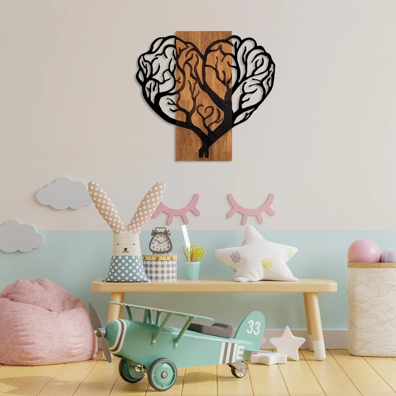Elegant Decorative Wooden Wall Accessory, Walnut & Black, 58 x 62 cm, 50% Wood (3 cm Thick) and 50% Metal, Unique Design with Natural Variations - Image 1